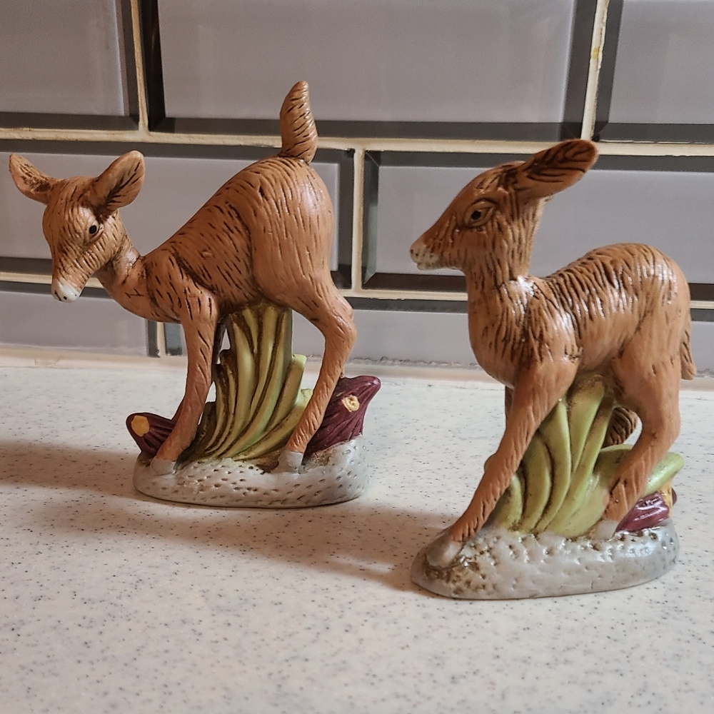 Unique Vintage Brown and Green Ceramic Deer Figurines